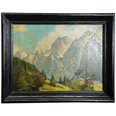Summerly High Mountain Landscape, Oil on Board Painting, late 19th century 