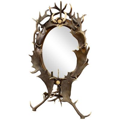 Large Antique Antler Standing Mirror, Germany ca. 1890