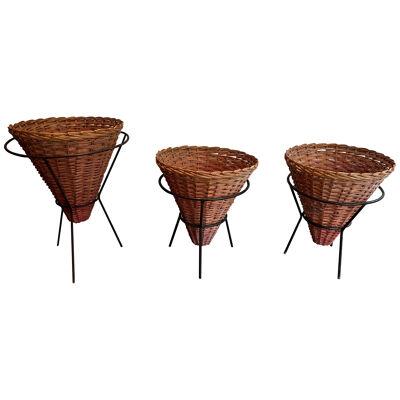 Set of Three Black Lacquered Metal and Rattan Planters