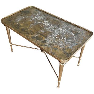 Brass Coffee Table with Eglomised Mirror Top Attributed to Maison Ramsay