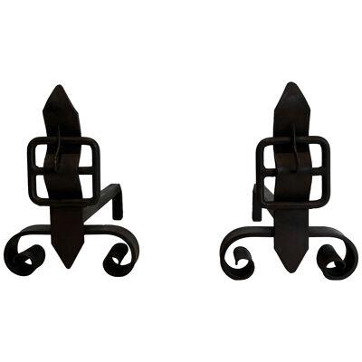 Pair of Modernist Cast Iron and Wrought Iron Belt Andirons