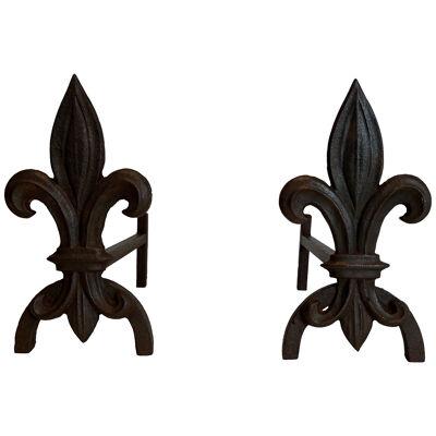 Pair of Fleurs de Lys Cast Iron and Wrought Iron Andirons