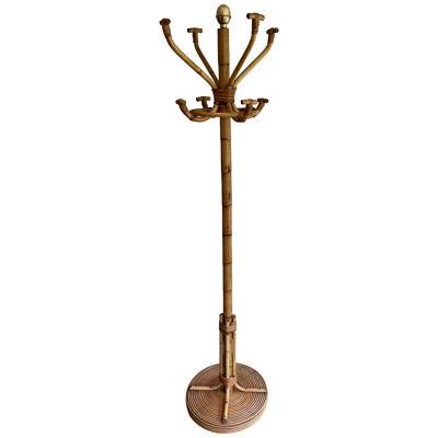 Rattan and Brass Coat Rack on Stand
