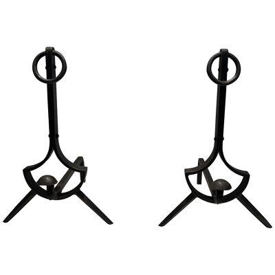 Pair of Modernist Cast Iron and Wrought Iron Andirons
