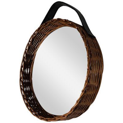 Rattan and Leather Round Mirror