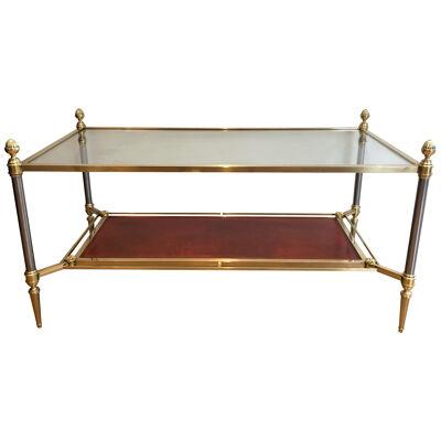 Brass Coffee Table with Red Leather Shelf by Maison Jansen