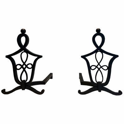 Pair of Wrought Iron Andirons in the Style of Raymond Subes
