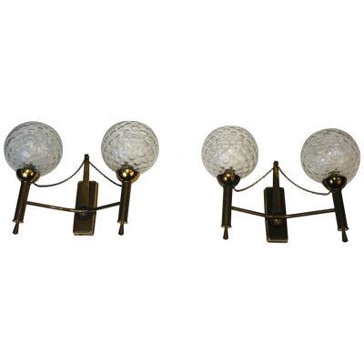 Pair of Brass and Glass Bowls Wall Sconces. Circa 1970