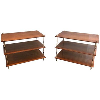 Pair of Mahogany and Brass Three Tiers Console Tables By Maison Jansen