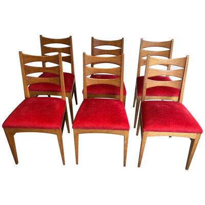 Set of 6 Oak and Red Velvet Chairs