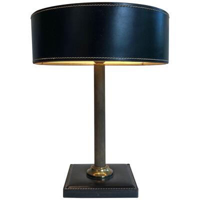 Black Leather and Brass Desk Lamp in the Style of Jacques Adnet