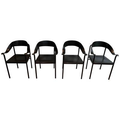 Set of 4 Leather and Black Lacquered Metal Armchairs