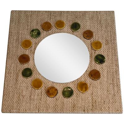 Small Square Mirror made of Raffia and Ceramic