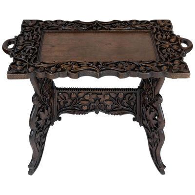 Elaborately Hand-Carved Solid Walnut Campaign Tray-Top Table, English, ca. 1890
