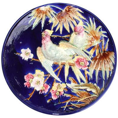 French Majolica Trompe L'oeil Charger, Parrots on a Cobalt Blue Ground, ca. 1880