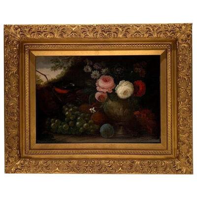 19th Century Oil on Canvas, "Flowers & Grapes", Signed W. Beardoine
