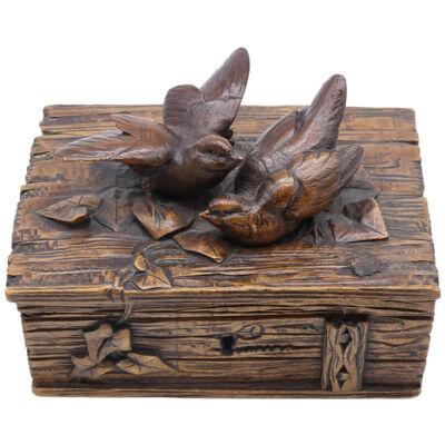 Black Forest Hand-Carved Walnut Rustic Box with Love Birds, Swiss, ca. 1890