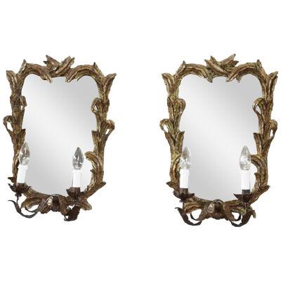 Carved and Gilded Wood Sonces with Mirror, Set of Two