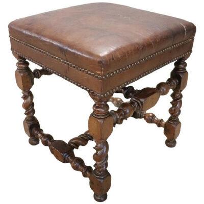 18th Century Turned Walnut and Leather Antique Stool