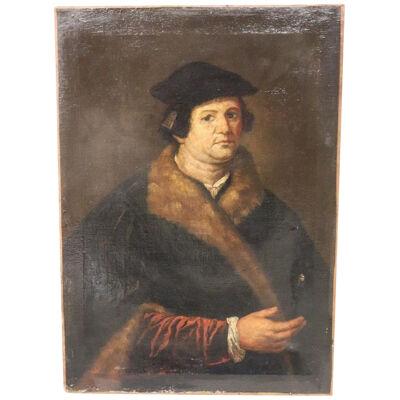 17th Century Antique Oil Painting on Canvas Portrait of a Gentleman with Fur