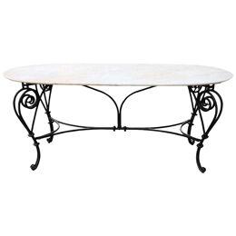 20th Century Oval Large Garden Table in Iron and Marble Top