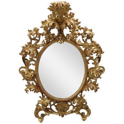 18th Century Italian Baroque Carved Gilded Wood Oval Wall Mirror