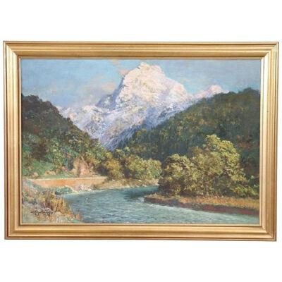 Italian Oil Painting on Canvas Cesare Bentivoglio Mountain Landscape with River
