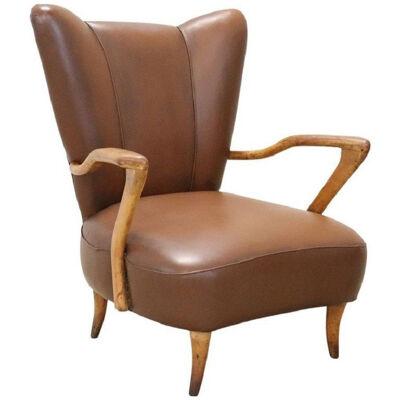 Italian Mid-Century Armchair in Brown Faux Leather