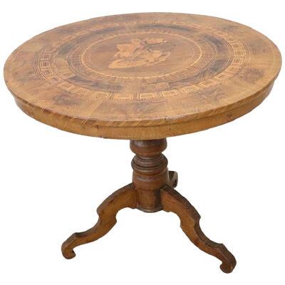 19th Century Italian Louis Philippe Inlaid Walnut Antique Round Center Table