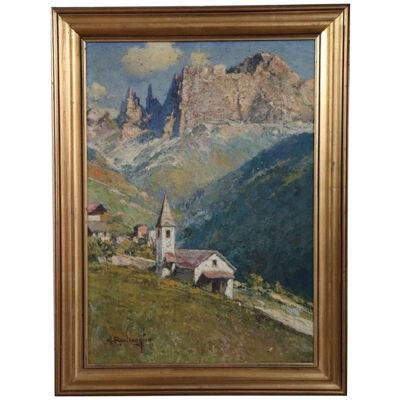 Italian Oil Painting on Canvas Cesare Bentivoglio Mountain Landscape with Church