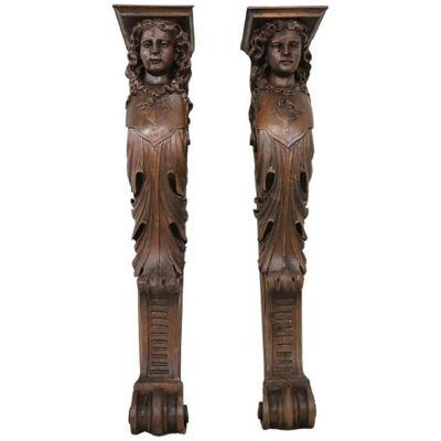 Early 20th Century Italian Pair of Caryatid Pilasters in Carved Walnut