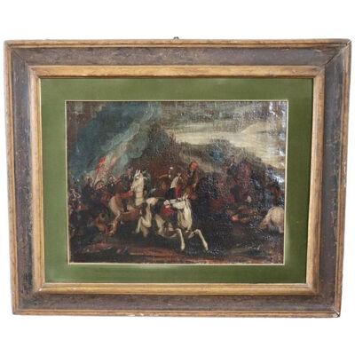 17th Century Antique Oil Painting on Canvas Battle with Men on Horseback