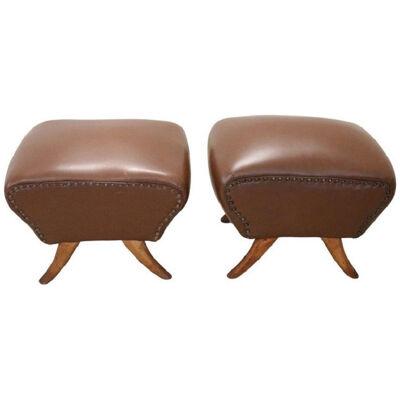 Italian Mid-Century Pair of Stools in Brown Faux Leather