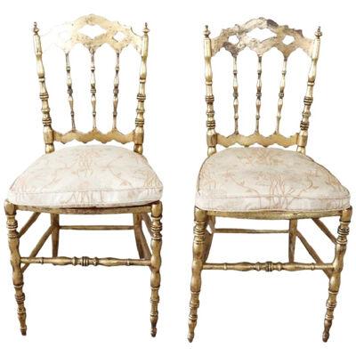 19th Century Italian Pair of Gilded Wood Chiavari Chairs with Vienna Straw