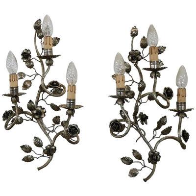 Early 20th Century Italian Pair of Wall Lights or Sconces in Silvered Metal