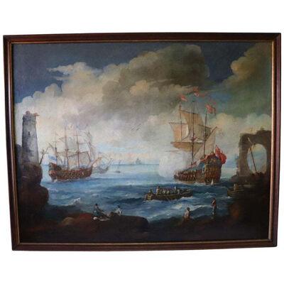 Antique Oil Painting on Canvas Coastal Scene with Galleons, 18th century