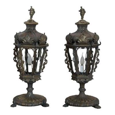 Early 20th Century Italian Bronze Pair fo Table Lamps or Lanterns