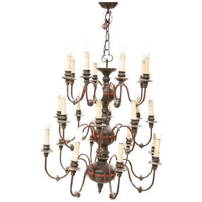 Early 20th Century Antique Larg Chandelier in Wood and Iron, 24 Bulbs