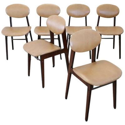Italian Design Set of Six Chairs in Beech Wood and Faux Leather, 1960s