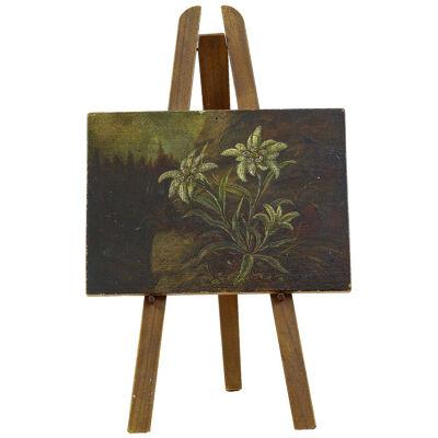 19TH CENTURY MINIATURE OIL ON BOARD PAINTING OF EDELWEISS