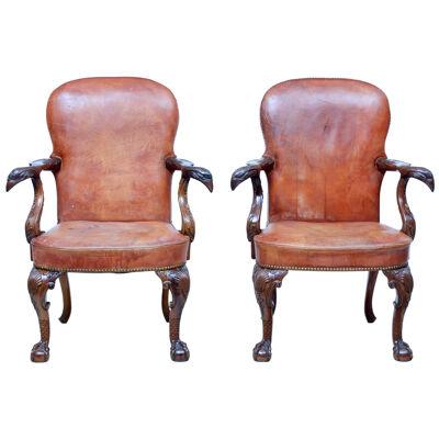 RARE PAIR OF MID 20TH CENTURY CARVED MAHOGANY ARMCHAIRS