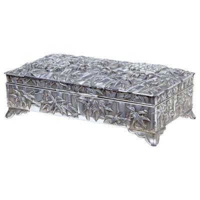 20TH CENTURY ORIENTAL SILVER PLATE BAMBOO DECORATED TOBACCO BOX