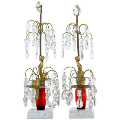 PAIR OF MID 20TH CENTURY CUT GLASS AND MARBLE CANDELABRA