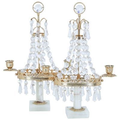 PAIR OF 20TH CENTURY CUT GLASS AND MARBLE CANDELABRA