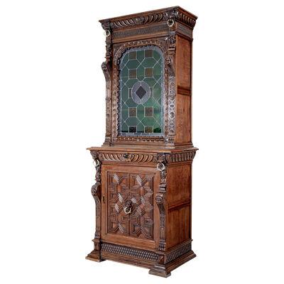 19TH CENTURY FLEMISH OAK AND STAIN GLASS CABINET
