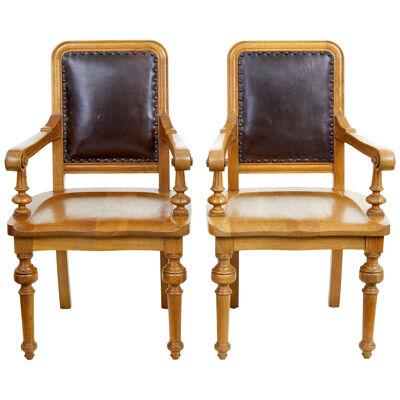 PAIR OF OAK AND LEATHER ARTS AND CRAFTS LIBRARY CHAIRS