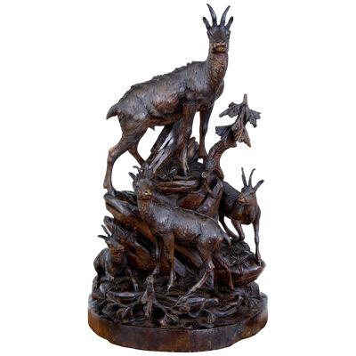 19TH CENTURY CARVED BLACK FOREST IBEX SCULPTURE LINDEN WOOD