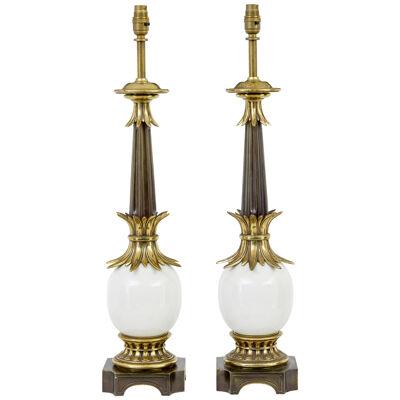 PAIR OF ART DECO INFLUENCED BRASS AND GLASS TABLE LAMPS
