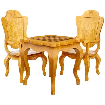 3 PIECE 20TH CENTURY BURR BIRCH GAMES TABLE AND ARMCHAIRS