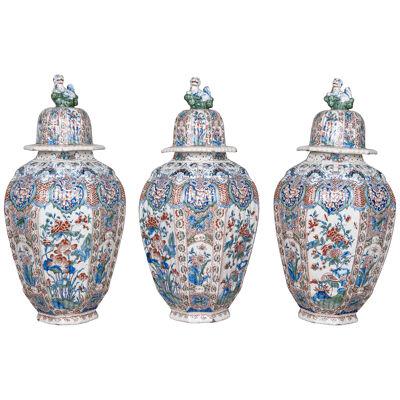 Three Matching First Period Polychrome Delft Covered Urns c. 1710